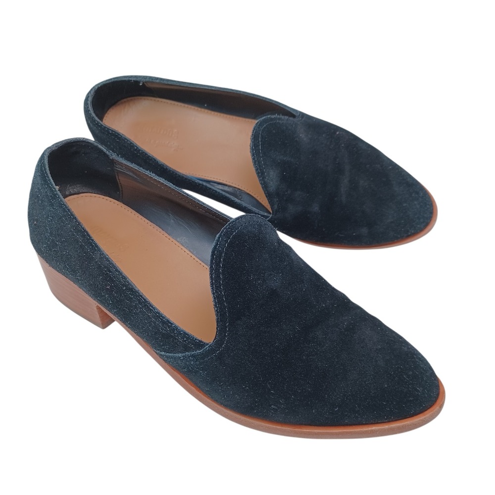 Soludos Black Suede Block Heel Loafers Sophia Slip On Shoes Womens US 9